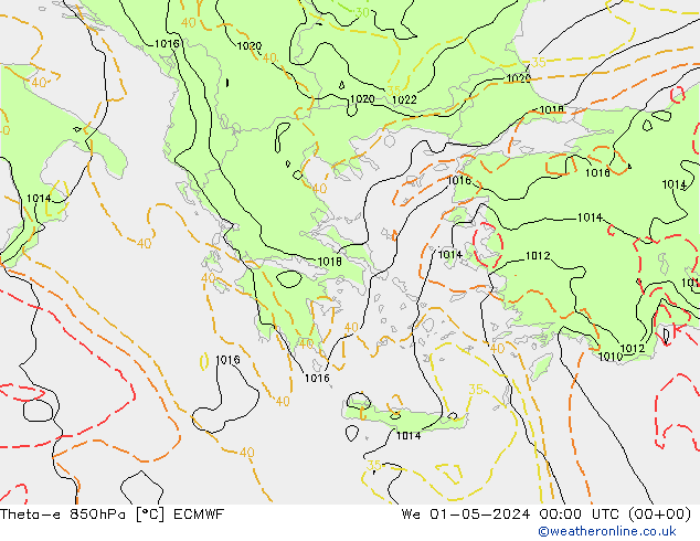 Theta-e 850hPa ECMWF St 01.05.2024 00 UTC