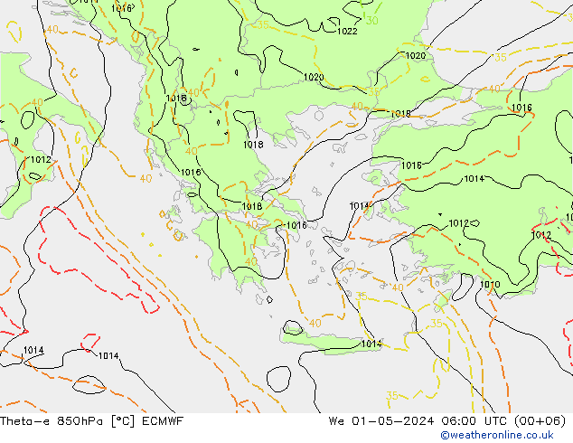 Theta-e 850hPa ECMWF St 01.05.2024 06 UTC