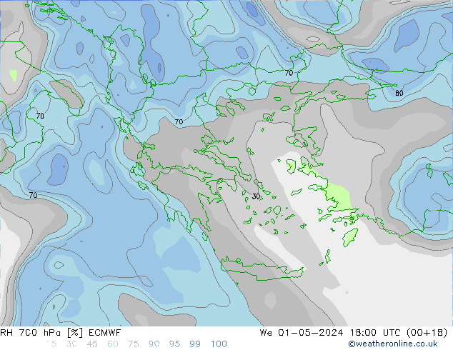 RH 700 hPa ECMWF Qua 01.05.2024 18 UTC