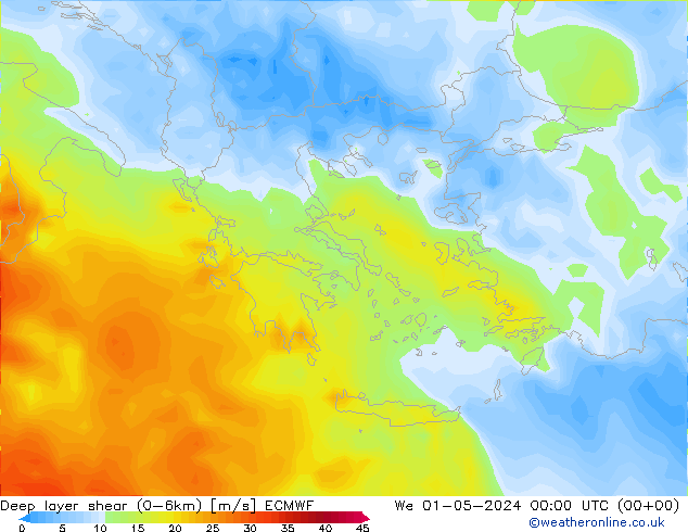 Deep layer shear (0-6km) ECMWF St 01.05.2024 00 UTC