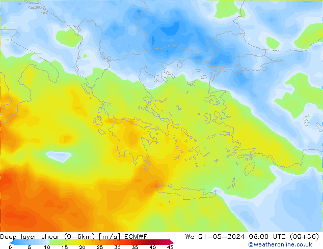 Deep layer shear (0-6km) ECMWF We 01.05.2024 06 UTC