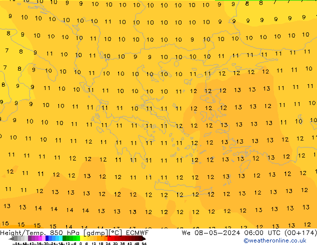 Yükseklik/Sıc. 850 hPa ECMWF Çar 08.05.2024 06 UTC