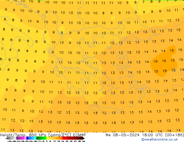 Height/Temp. 850 hPa ECMWF mer 08.05.2024 18 UTC