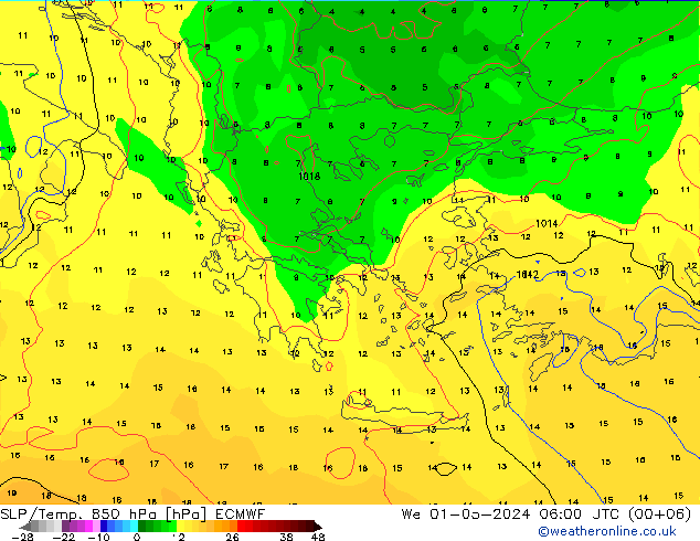 SLP/Temp. 850 hPa ECMWF mer 01.05.2024 06 UTC