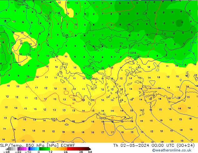 SLP/Temp. 850 hPa ECMWF gio 02.05.2024 00 UTC