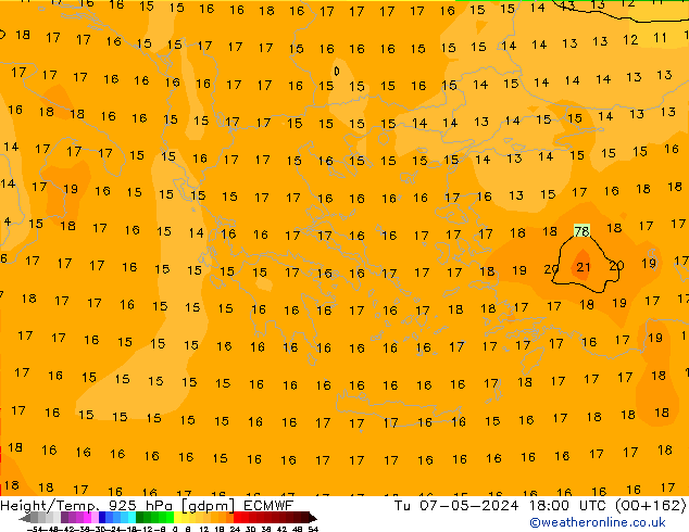 Height/Temp. 925 hPa ECMWF Tu 07.05.2024 18 UTC