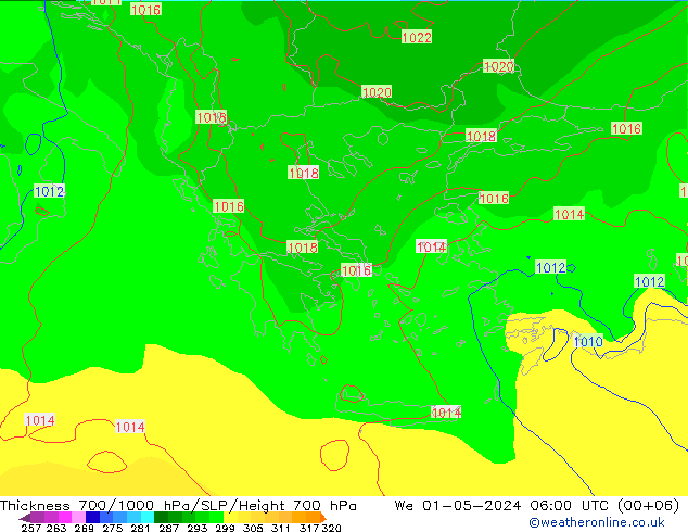 Thck 700-1000 hPa ECMWF St 01.05.2024 06 UTC