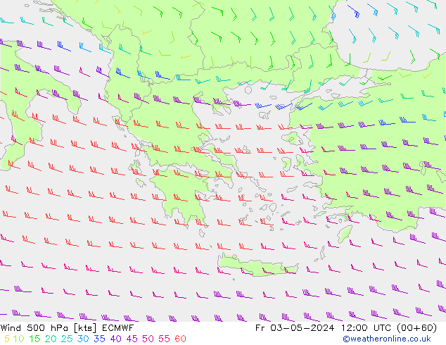 Vento 500 hPa ECMWF ven 03.05.2024 12 UTC