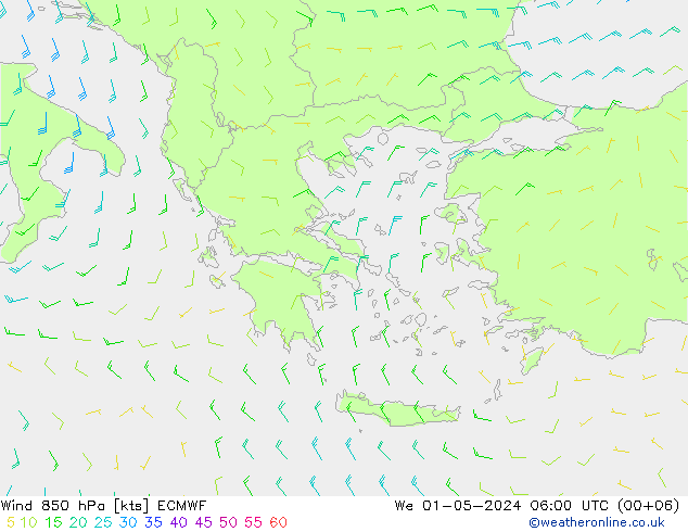 Vento 850 hPa ECMWF Qua 01.05.2024 06 UTC