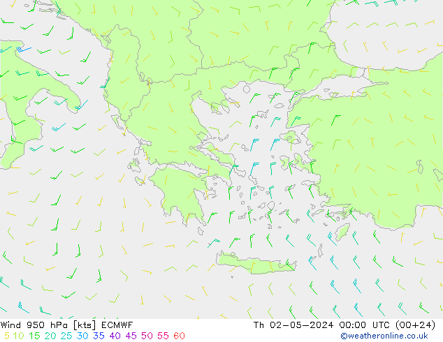 Vento 950 hPa ECMWF gio 02.05.2024 00 UTC