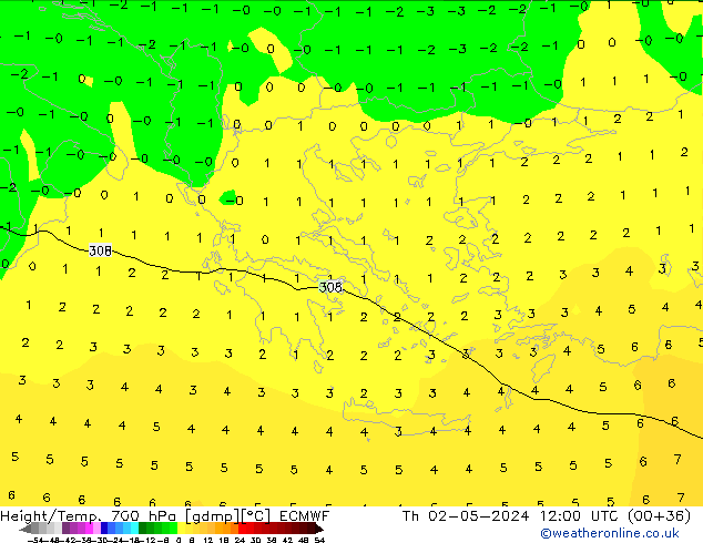 Height/Temp. 700 гПа ECMWF чт 02.05.2024 12 UTC