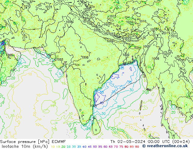 Isotachs (kph) ECMWF Th 02.05.2024 00 UTC