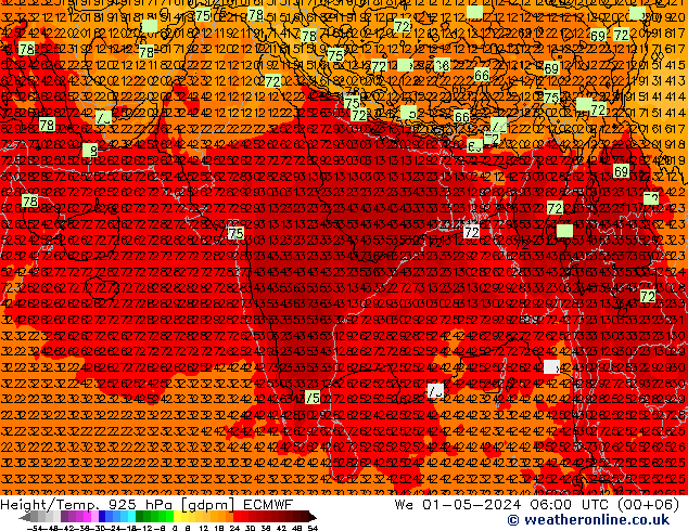 Height/Temp. 925 hPa ECMWF mer 01.05.2024 06 UTC