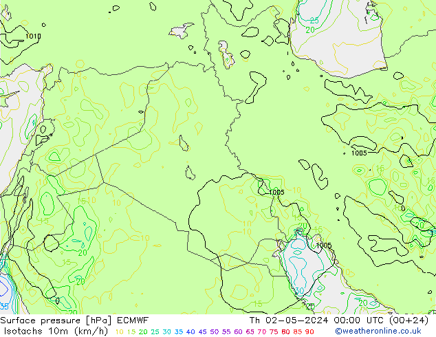 Isotachs (kph) ECMWF чт 02.05.2024 00 UTC