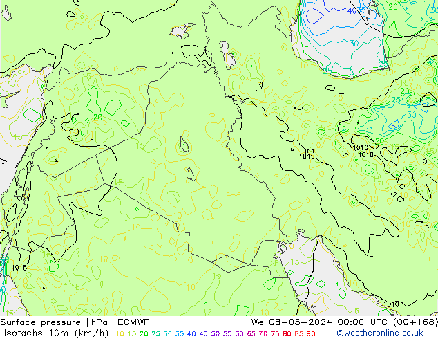 Isotaca (kph) ECMWF mié 08.05.2024 00 UTC