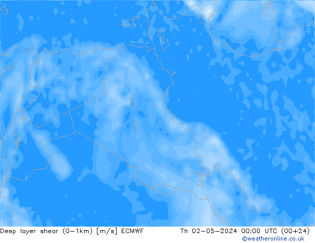 Deep layer shear (0-1km) ECMWF Th 02.05.2024 00 UTC