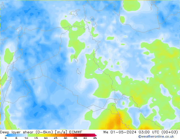 Deep layer shear (0-6km) ECMWF wo 01.05.2024 03 UTC