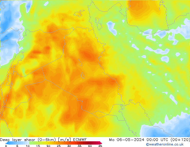 Deep layer shear (0-6km) ECMWF ma 06.05.2024 00 UTC