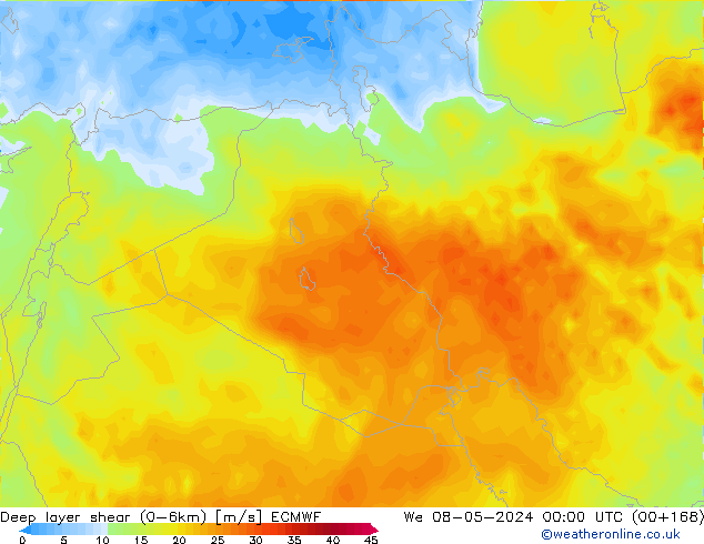 Deep layer shear (0-6km) ECMWF mié 08.05.2024 00 UTC