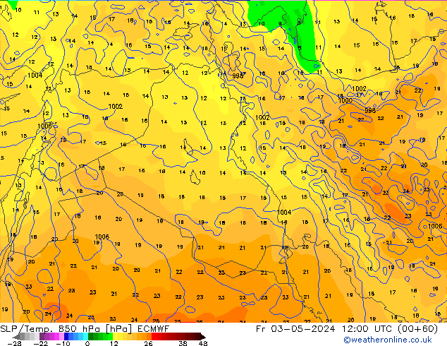 SLP/Temp. 850 hPa ECMWF Pá 03.05.2024 12 UTC