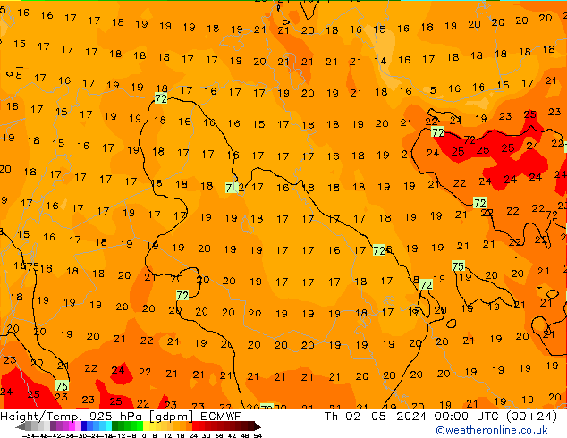 Height/Temp. 925 hPa ECMWF Th 02.05.2024 00 UTC