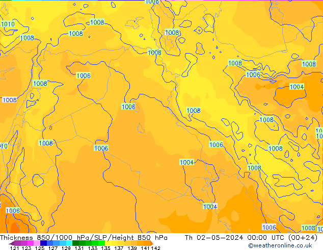 Thck 850-1000 hPa ECMWF Čt 02.05.2024 00 UTC