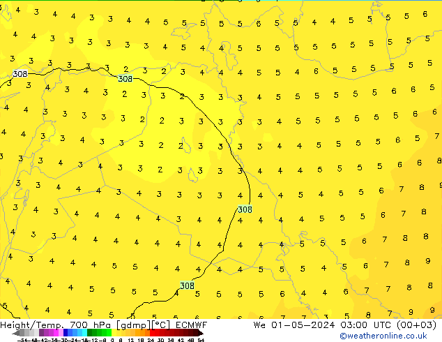 Hoogte/Temp. 700 hPa ECMWF wo 01.05.2024 03 UTC