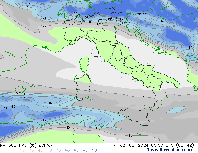 RH 300 hPa ECMWF Pá 03.05.2024 00 UTC