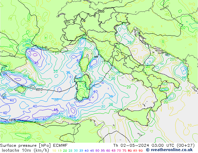 Isotachs (kph) ECMWF Qui 02.05.2024 03 UTC