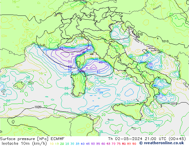 Isotachen (km/h) ECMWF Do 02.05.2024 21 UTC