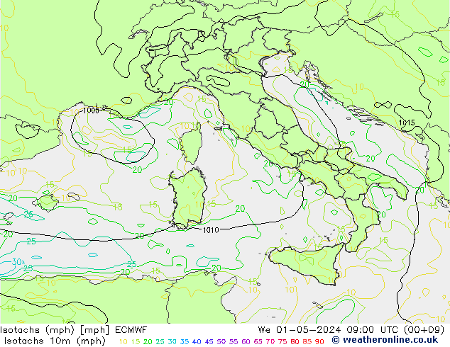 Isotachs (mph) ECMWF mer 01.05.2024 09 UTC