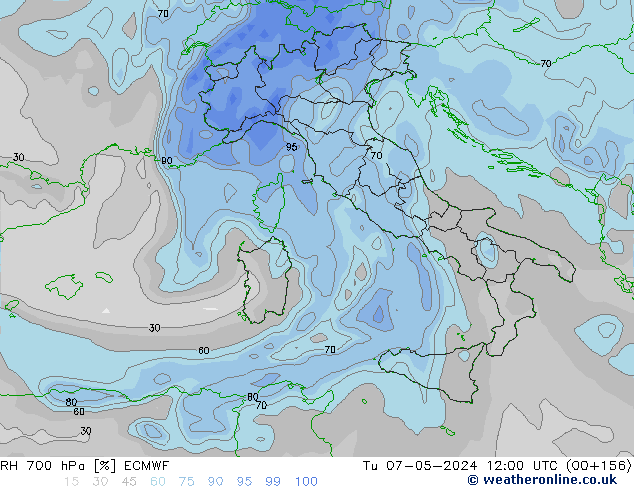 RH 700 hPa ECMWF Tu 07.05.2024 12 UTC