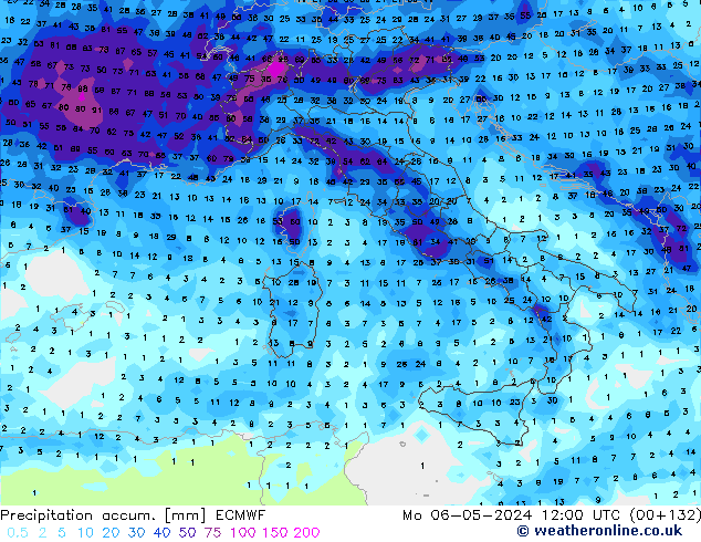 Precipitation accum. ECMWF Mo 06.05.2024 12 UTC