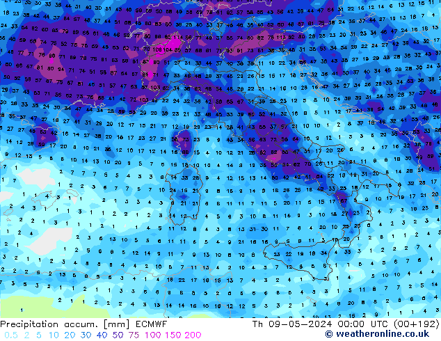 Precipitation accum. ECMWF Qui 09.05.2024 00 UTC