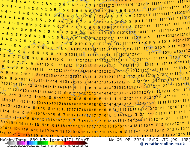 Z500/Rain (+SLP)/Z850 ECMWF pon. 06.05.2024 18 UTC