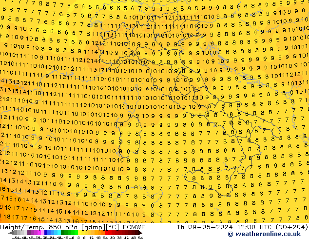 Z500/Rain (+SLP)/Z850 ECMWF Čt 09.05.2024 12 UTC