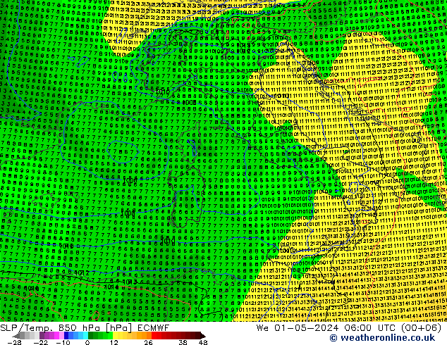 850 hPa Yer Bas./Sıc ECMWF Çar 01.05.2024 06 UTC