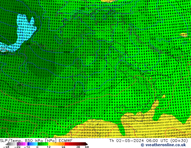 SLP/Temp. 850 hPa ECMWF czw. 02.05.2024 06 UTC