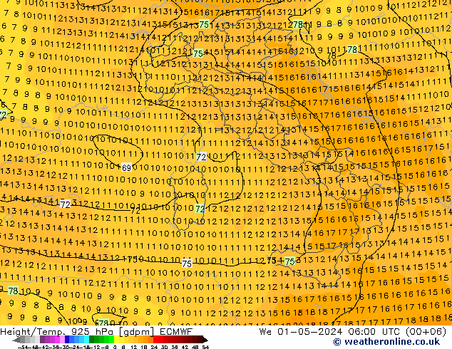 Height/Temp. 925 hPa ECMWF We 01.05.2024 06 UTC