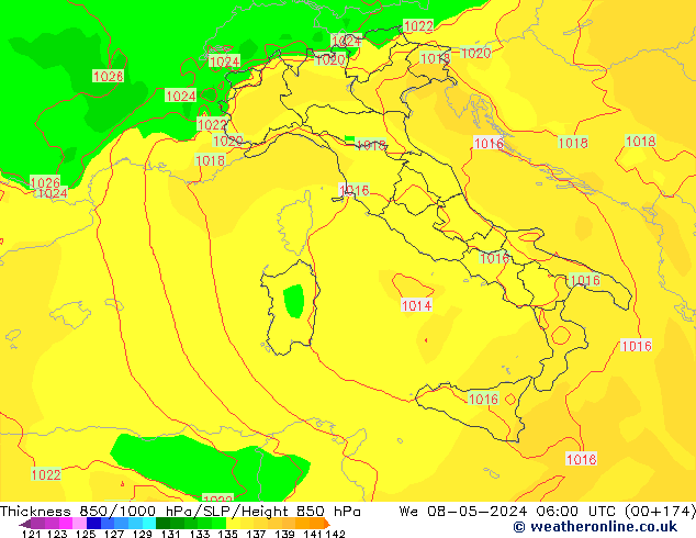 Thck 850-1000 hPa ECMWF śro. 08.05.2024 06 UTC