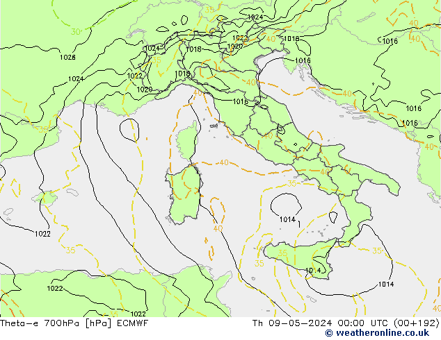 Theta-e 700hPa ECMWF Qui 09.05.2024 00 UTC