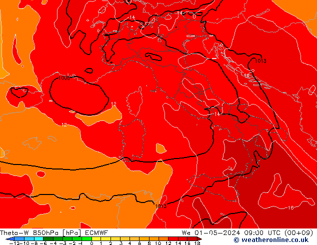 Theta-W 850гПа ECMWF ср 01.05.2024 09 UTC