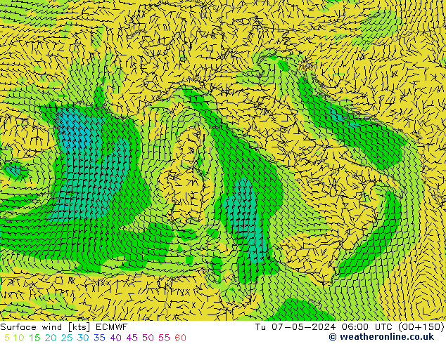 Vento 10 m ECMWF mar 07.05.2024 06 UTC