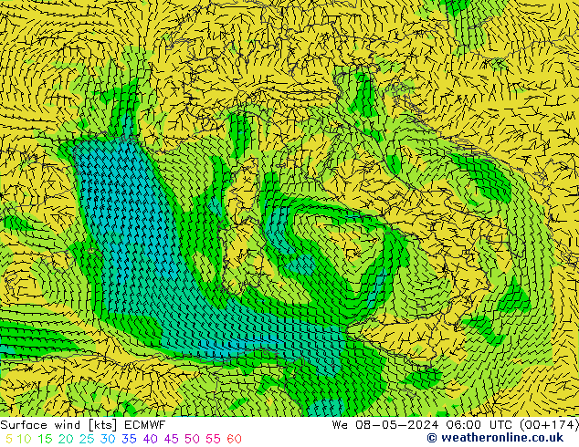 Rüzgar 10 m ECMWF Çar 08.05.2024 06 UTC