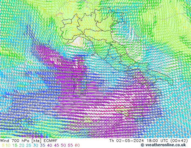 Wind 700 hPa ECMWF Th 02.05.2024 18 UTC