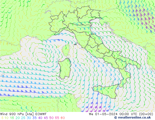 Vento 900 hPa ECMWF Qua 01.05.2024 00 UTC