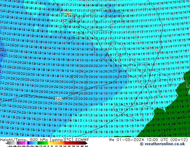 Z500/Rain (+SLP)/Z850 ECMWF śro. 01.05.2024 12 UTC