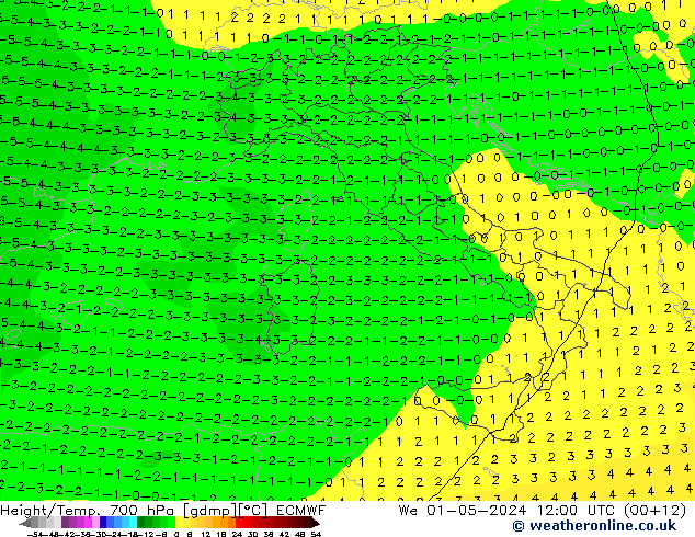 Yükseklik/Sıc. 700 hPa ECMWF Çar 01.05.2024 12 UTC