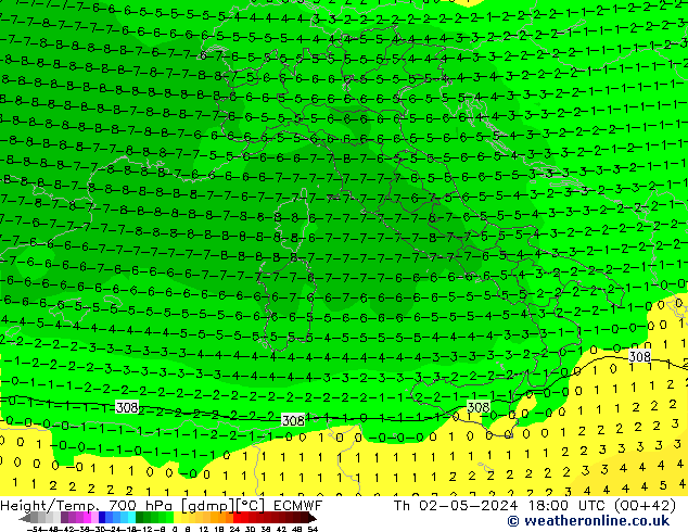 Height/Temp. 700 hPa ECMWF Th 02.05.2024 18 UTC