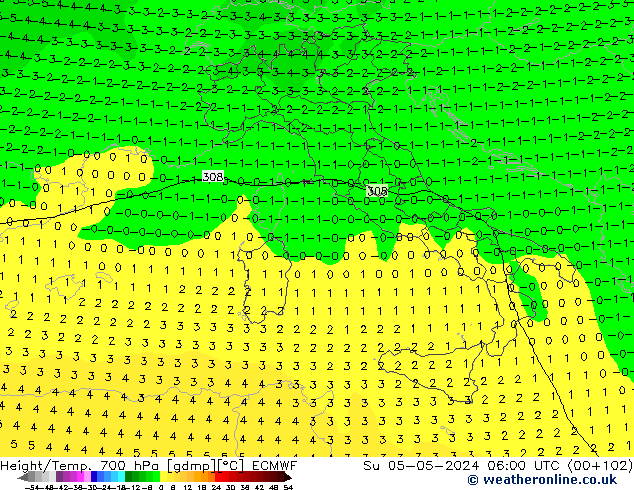 Geop./Temp. 700 hPa ECMWF dom 05.05.2024 06 UTC